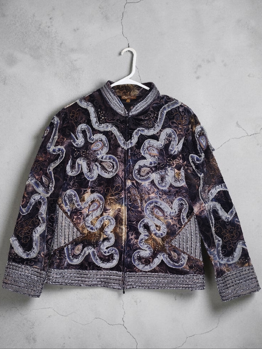 Embellished Velvet Zip-Front Jacket Avant Garde Boho-chic Artsy Maximalist Glam